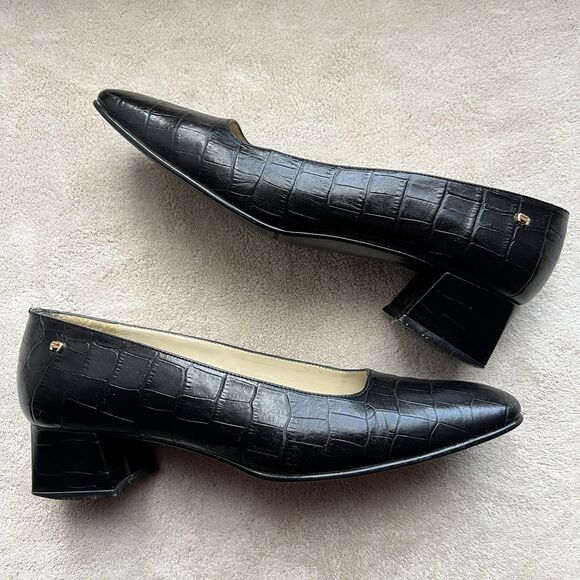 Etienne Aigner Black Croc Embossed Leather Block Heel Pumps Women 7N Narrow - Picture 1 of 16